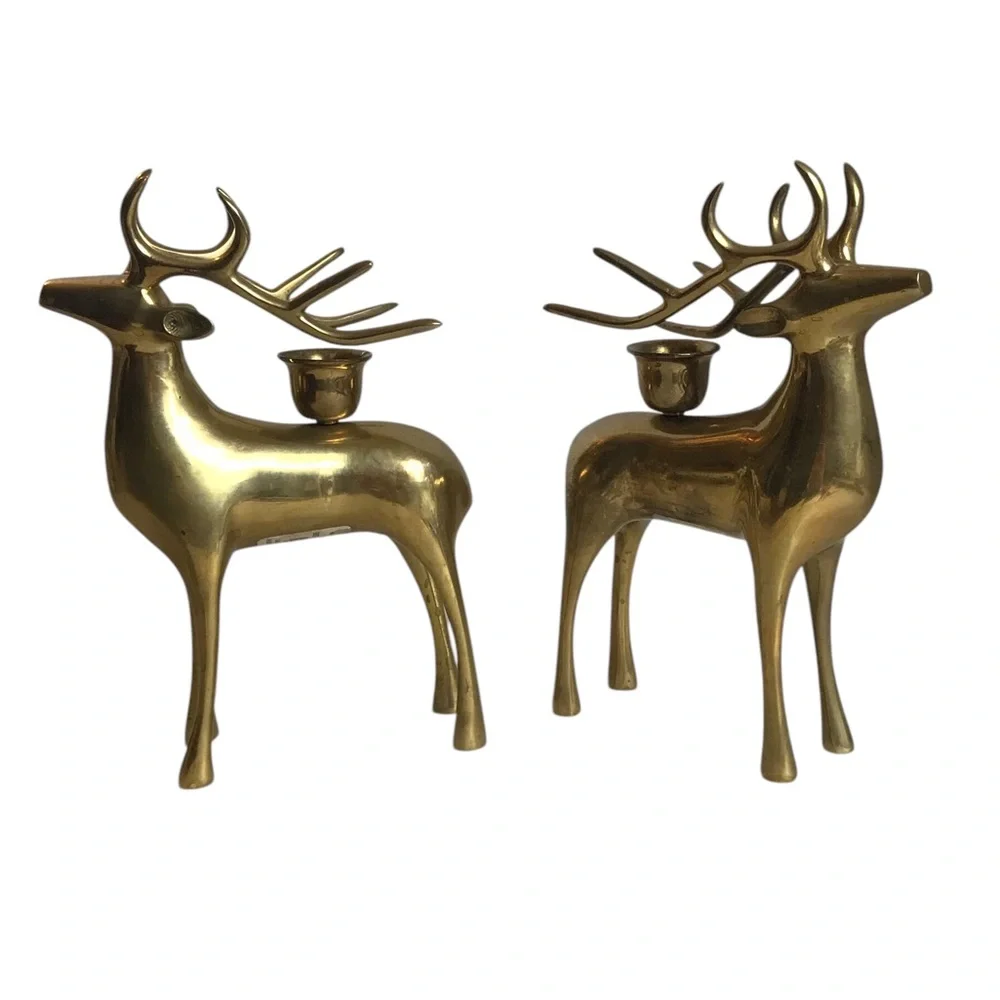 Pottery Barn Brass Reindeer Candle Holders 8” Vintage Christmas Taper Pair